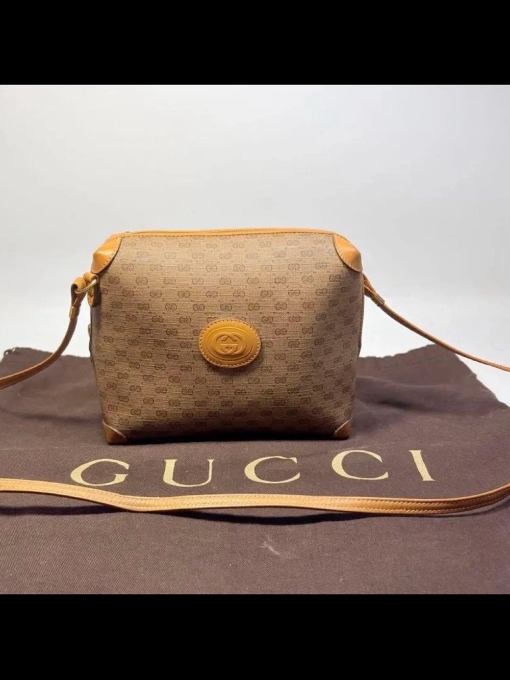 Gucci Brown Monogram Crossbody Bag with Tan Leather Trim